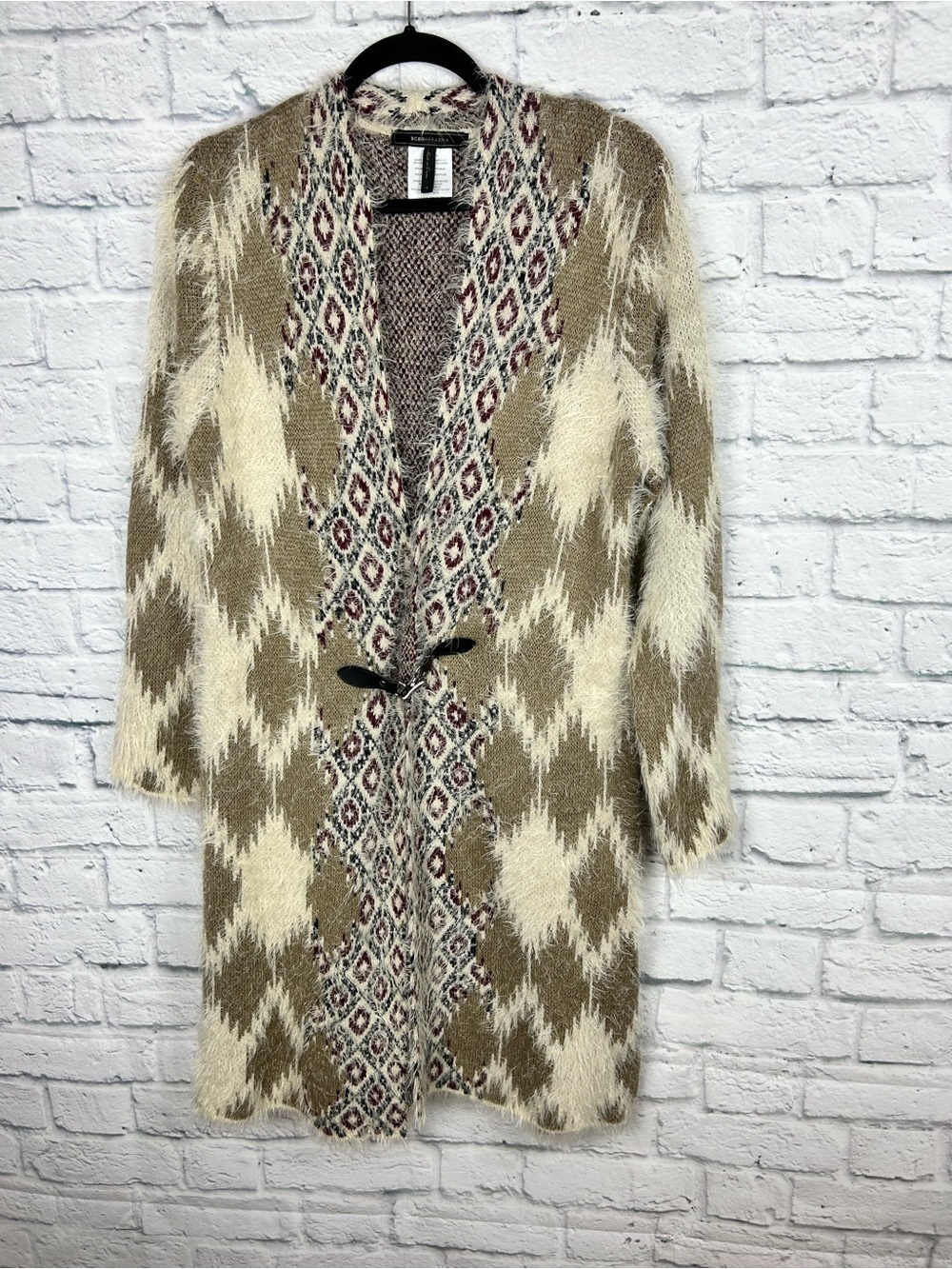 BCBG Max Azria Fuzzy Long Cardigan Sweater Aztec Toggle Open Front Small